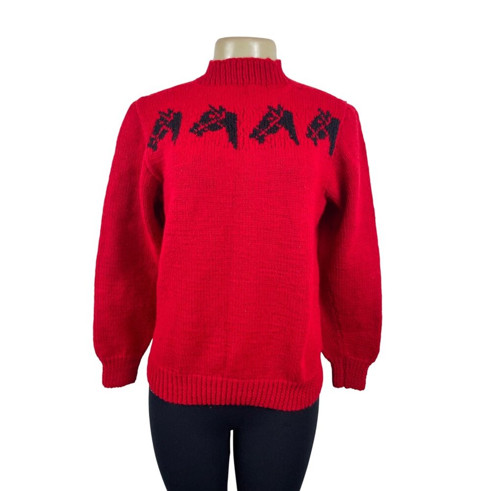 Handmade Knitted Red Sz M/L Sweater With Black Horse Design Long Sleeve Crew Nec